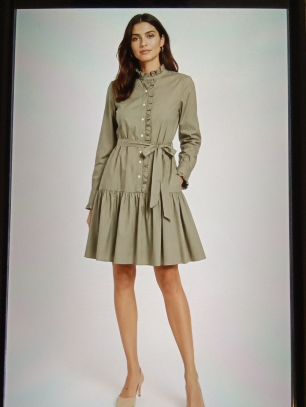 kate spade Broome Street Olive Green Ruffle Neck Poplin Womens Dress Size L